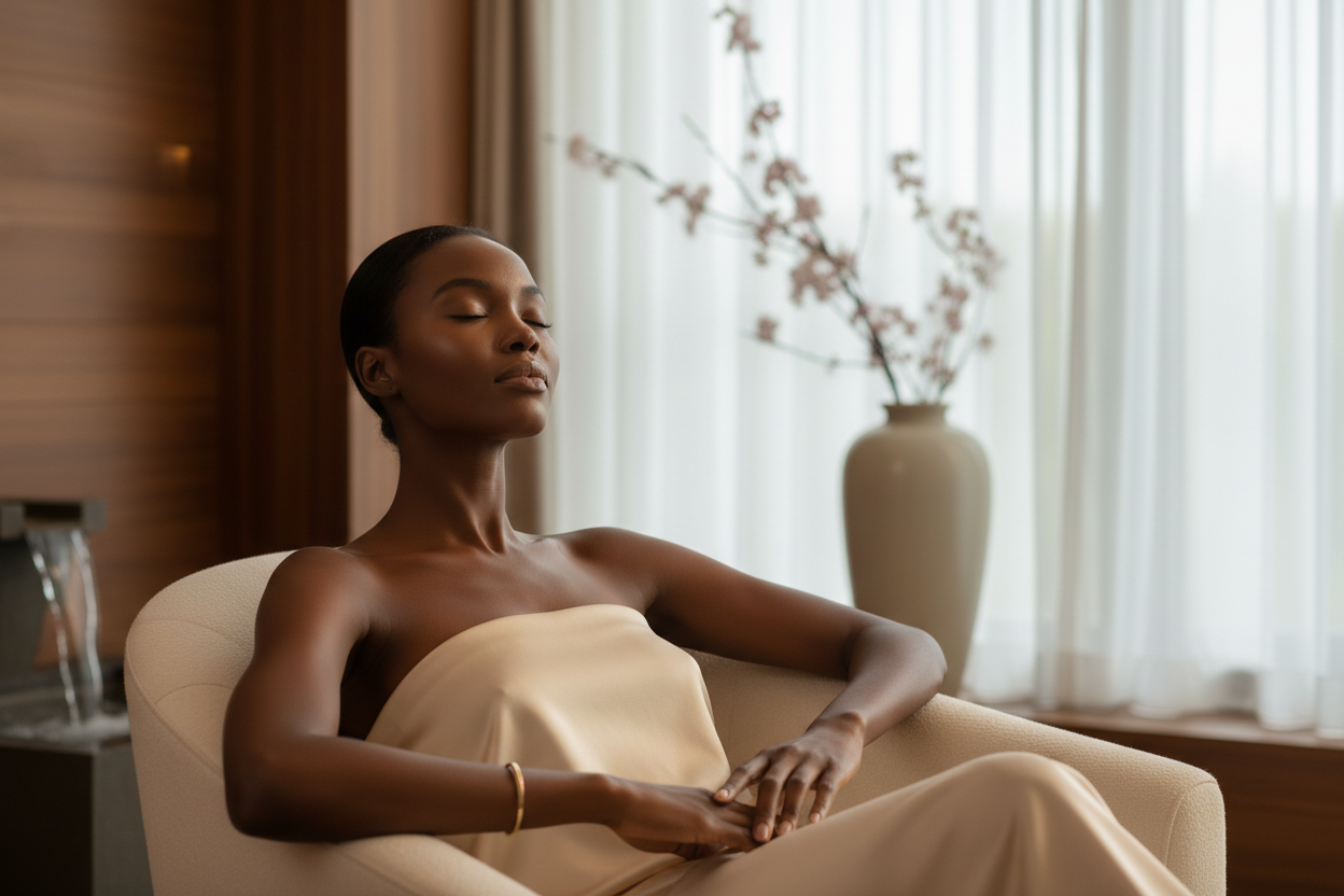 "Create a 16:9 image (landscape — 16 width × 9 height) of a beautiful woman of African origin with soft European-style facial features. She is relaxing in a calm, luxurious setting with ultra-smooth, flawless, glowing skin. The atmosphere should feel peaceful and elegant, with soft natural lighting, high-end beauty photography style, and high resolution. Generate the final image."